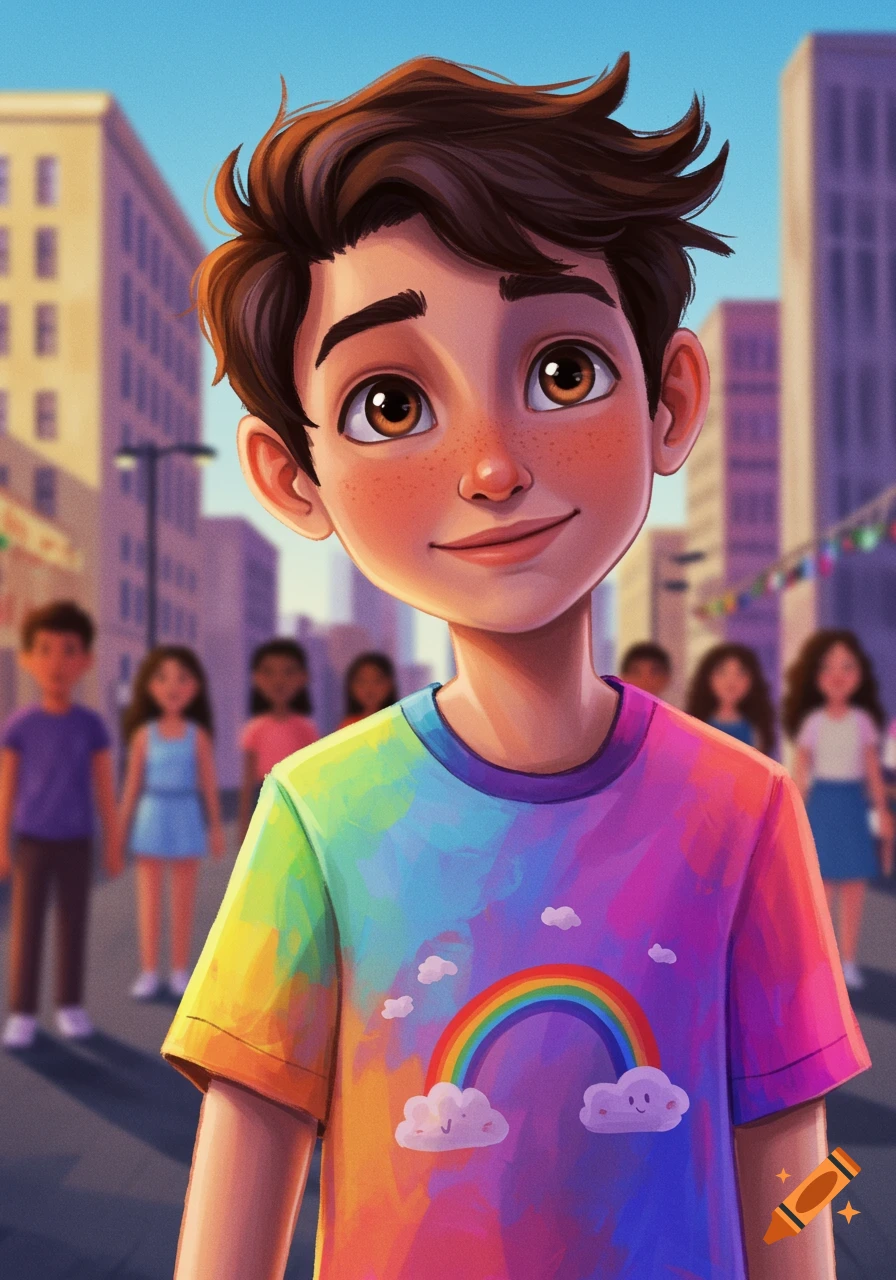 Illustration of a smiling boy wearing a rainbow shirt with a rainbow and clouds in a city street.