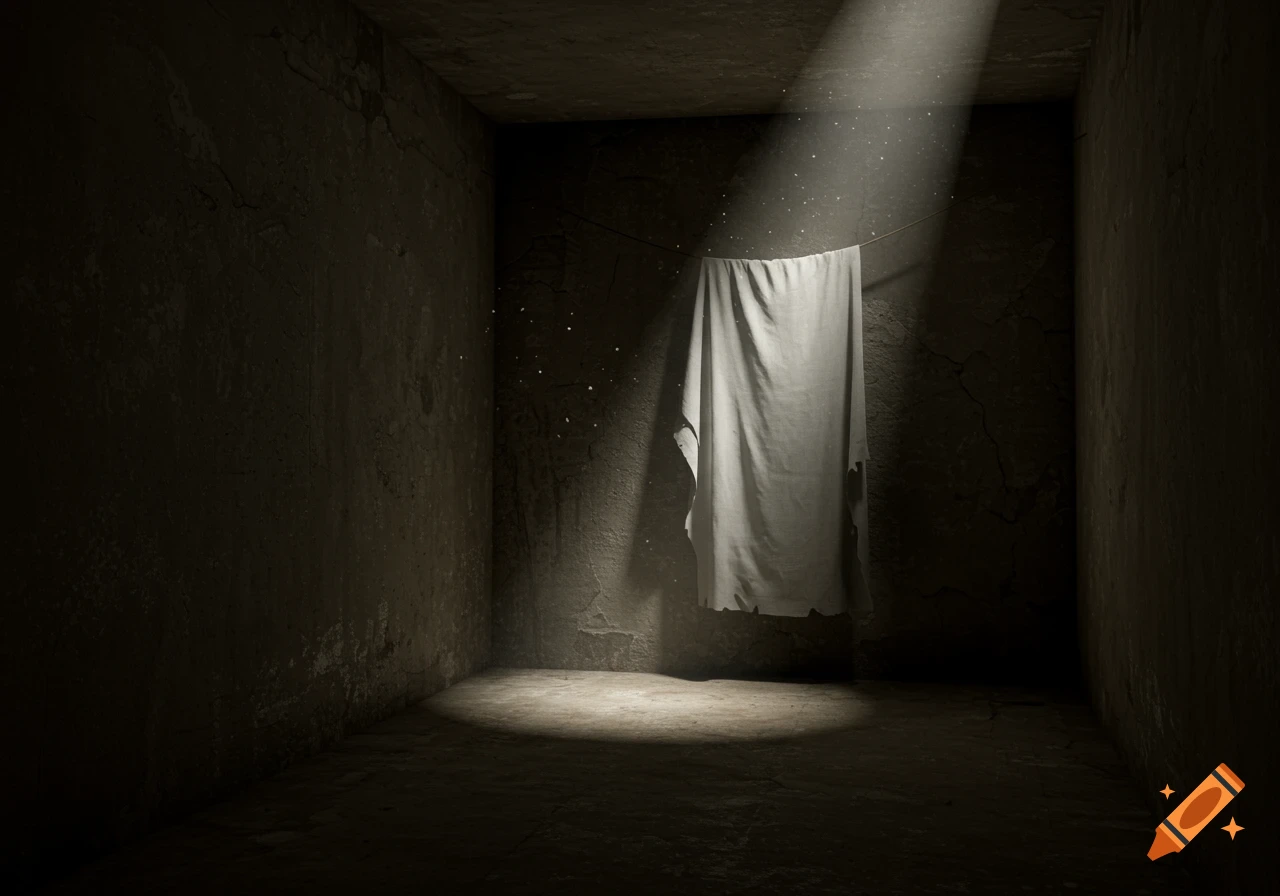 Dark room with a sheet hanging in a beam of light