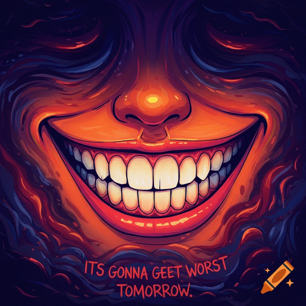 Close-up illustration of a wide, unsettling smile with many teeth and text 'ITS GONNA GEET WORST TOMORROW.' below.