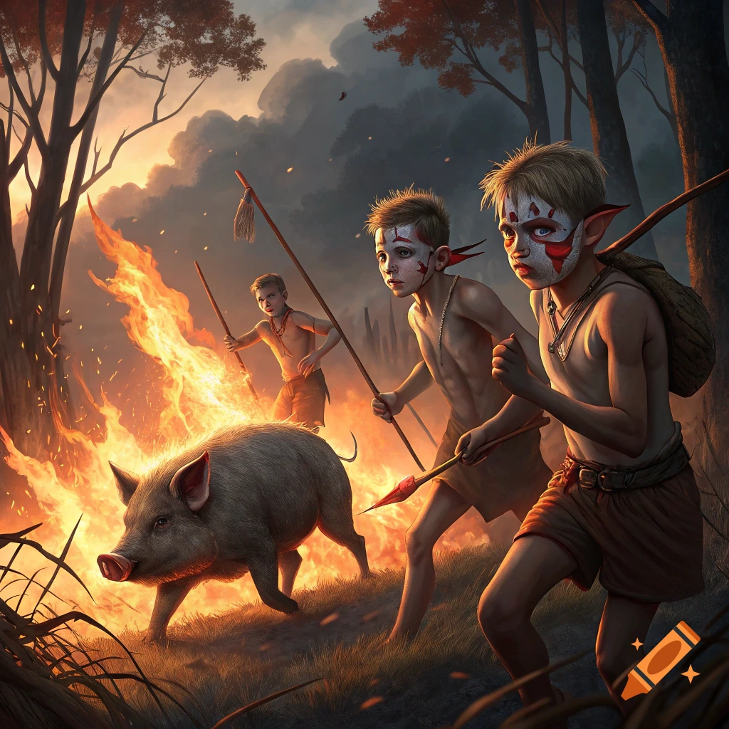 White boys with face paint hunt a pig with spears in a burning forest.