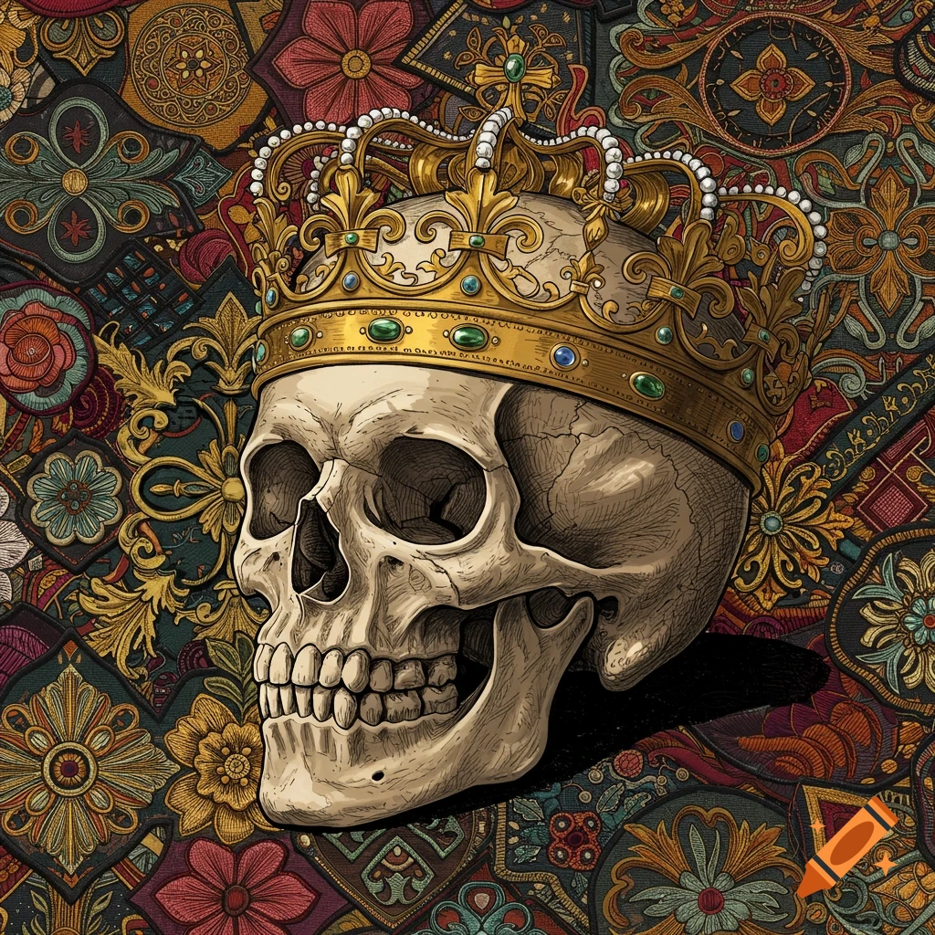 Skull wearing a gold crown on a colorful ornate patterned background