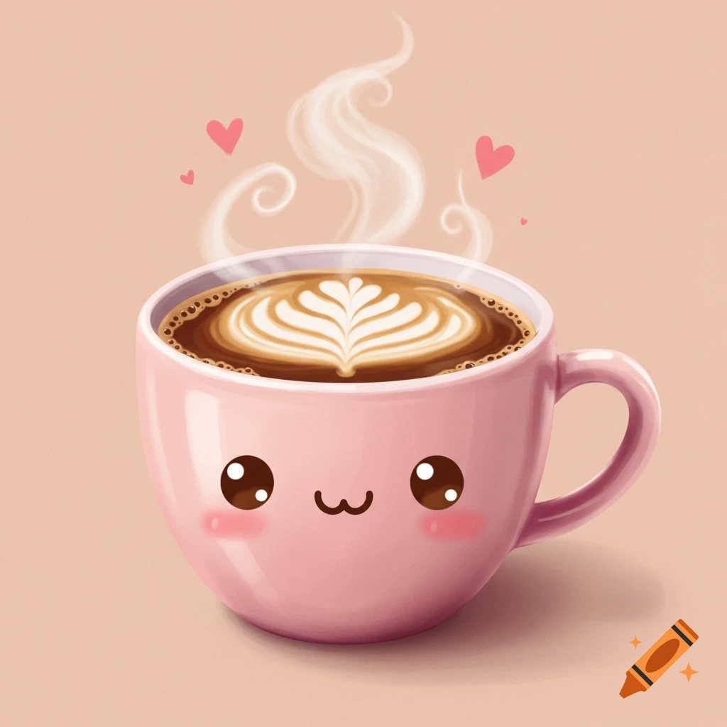 A pink kawaii-style coffee cup with latte art and steam, featuring a cute face and pink hearts in the background.