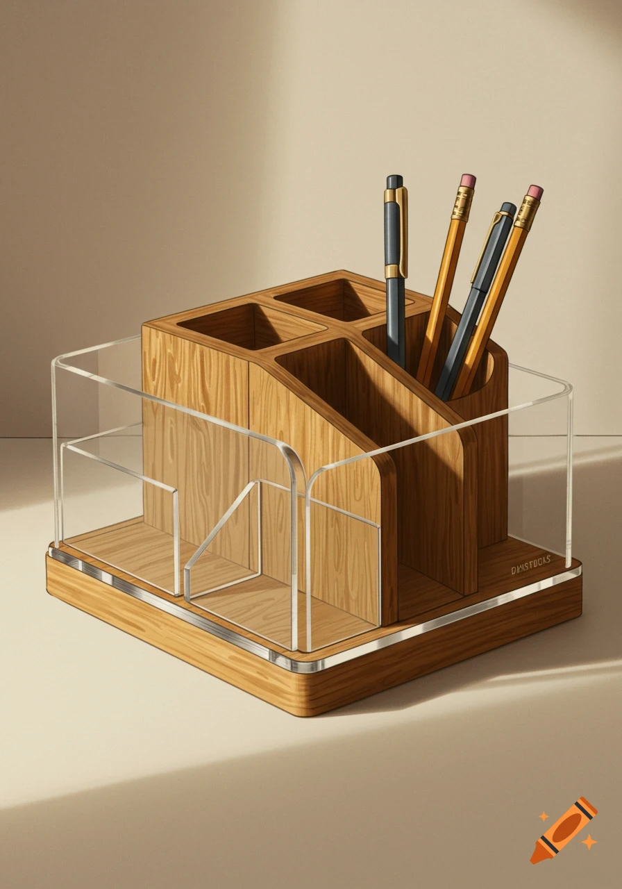 An illustration of a wooden and acrylic desk organizer holding pens and pencils.