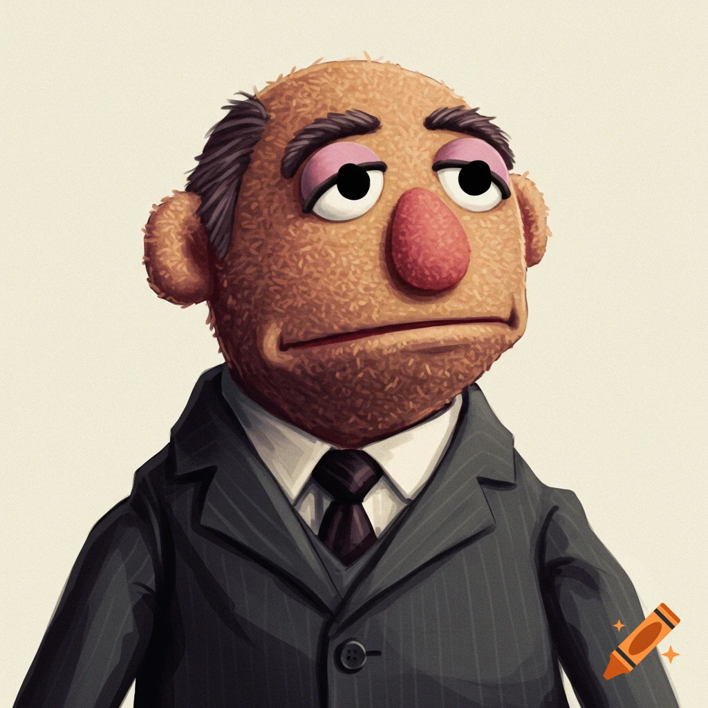 Portrait of a brown felt puppet in a pinstripe suit with a serious expression.