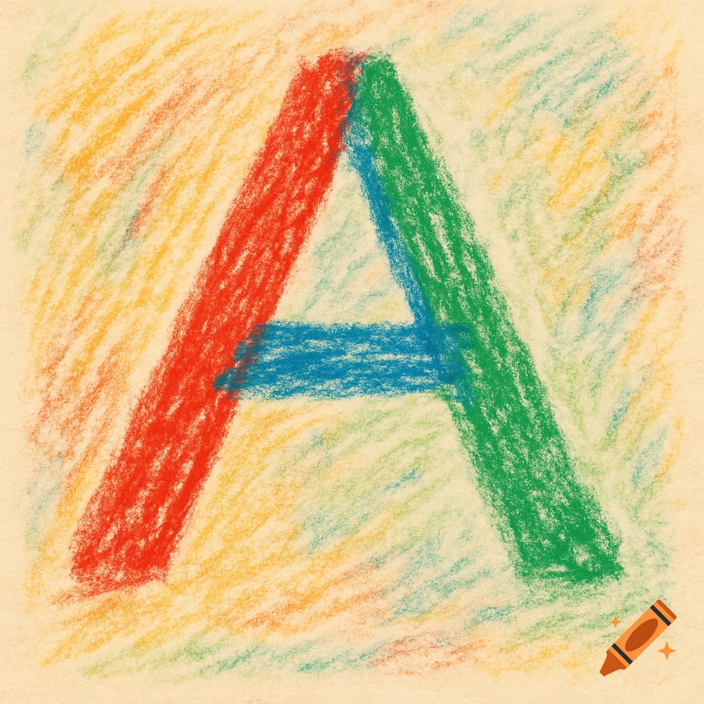 Crayon drawing of the letter A in red, blue, and green colors.