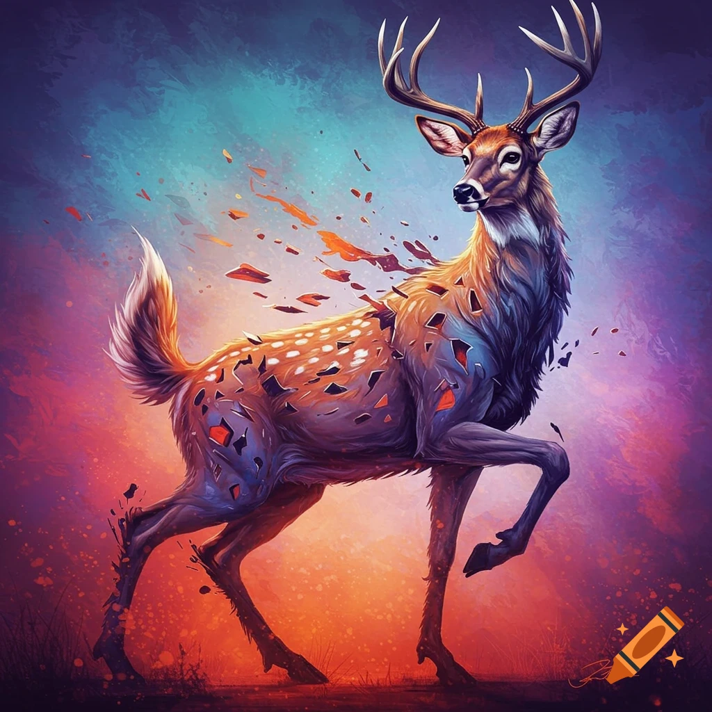 Abstract illustration of a deer with a shattered body on a colorful background.