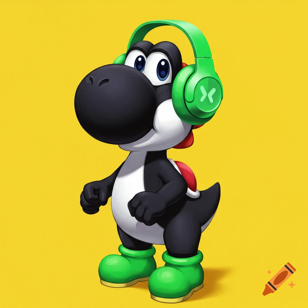 A black Yoshi wearing green headphones stands on a yellow background.
