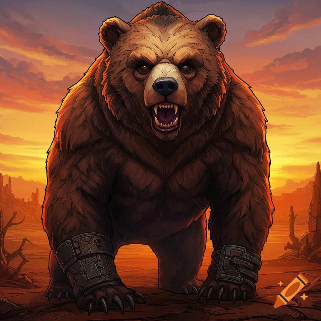 A fierce, armored bear stands in a desert landscape under a sunset sky. Illustrated game art style.