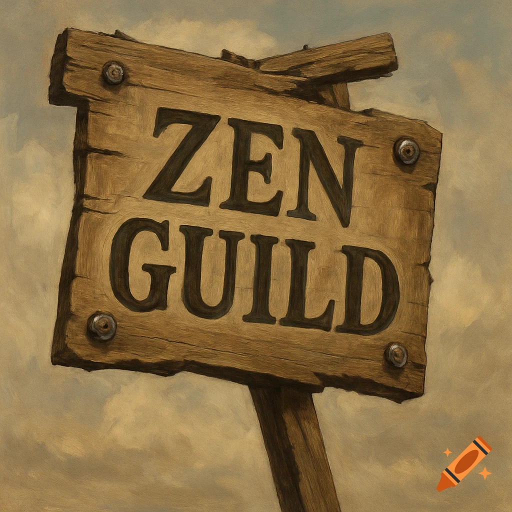 A rustic wooden wild west sign reads 'ZEN GUILD' against a cloudy sky.