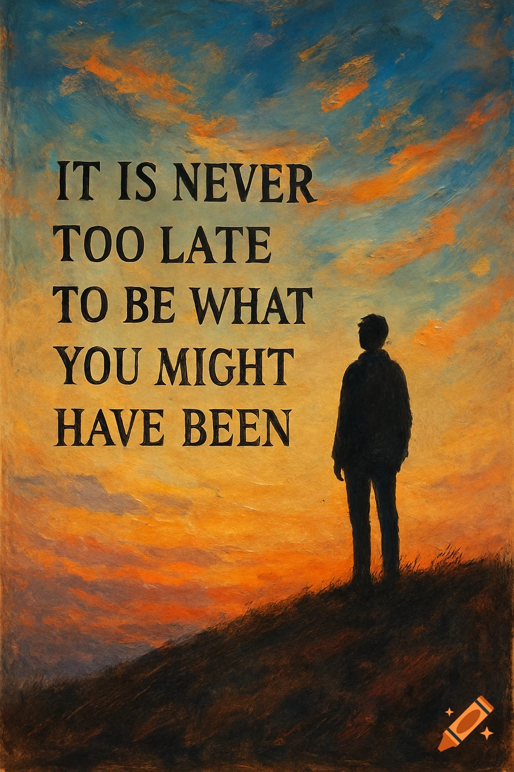 Silhouette of person on hill at sunset with quote 'IT IS NEVER TOO LATE TO BE WHAT YOU MIGHT HAVE BEEN'