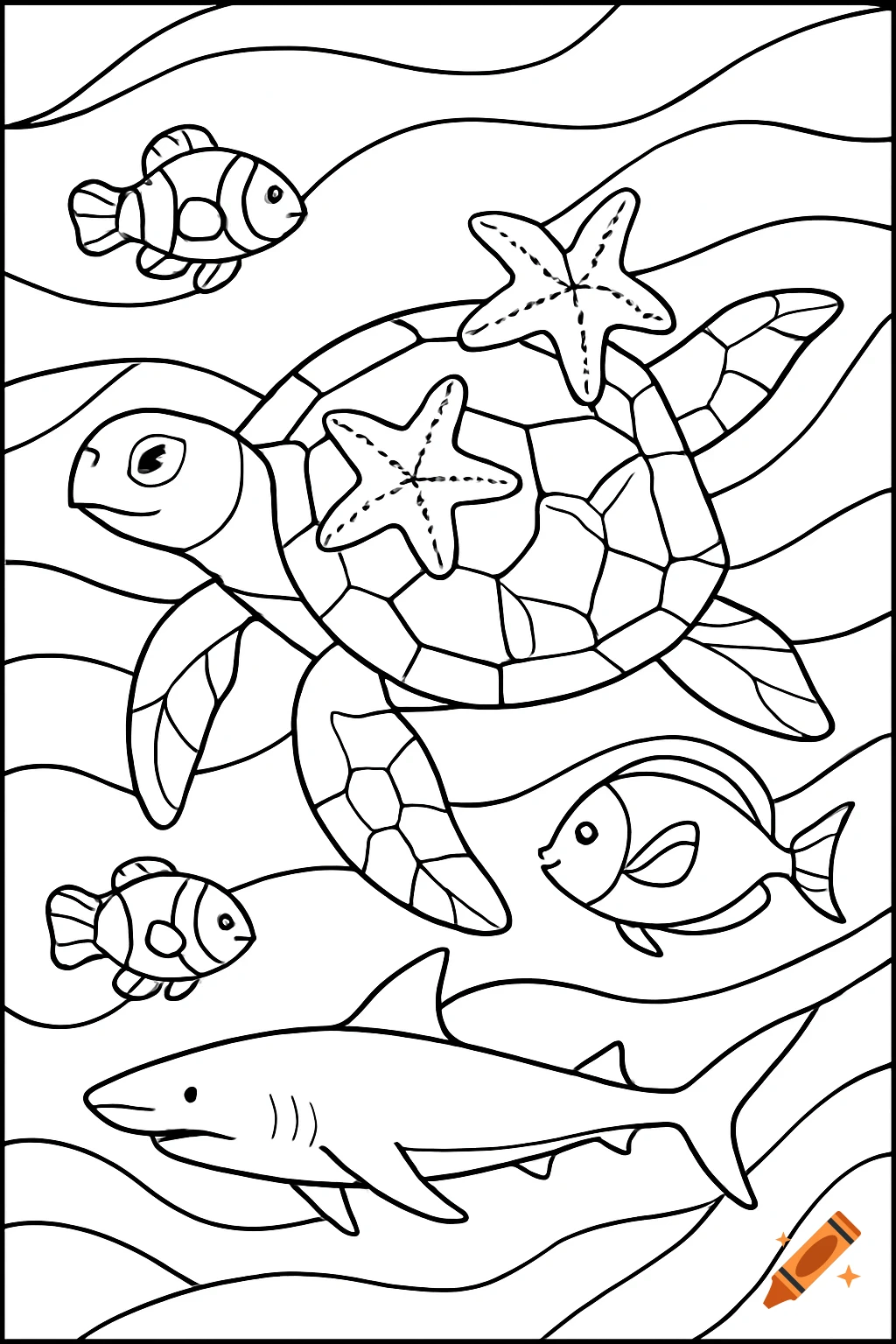 Black and white line drawing of a sea turtle with starfish on its shell, swimming with fish and a shark in the ocean, coloring page style.