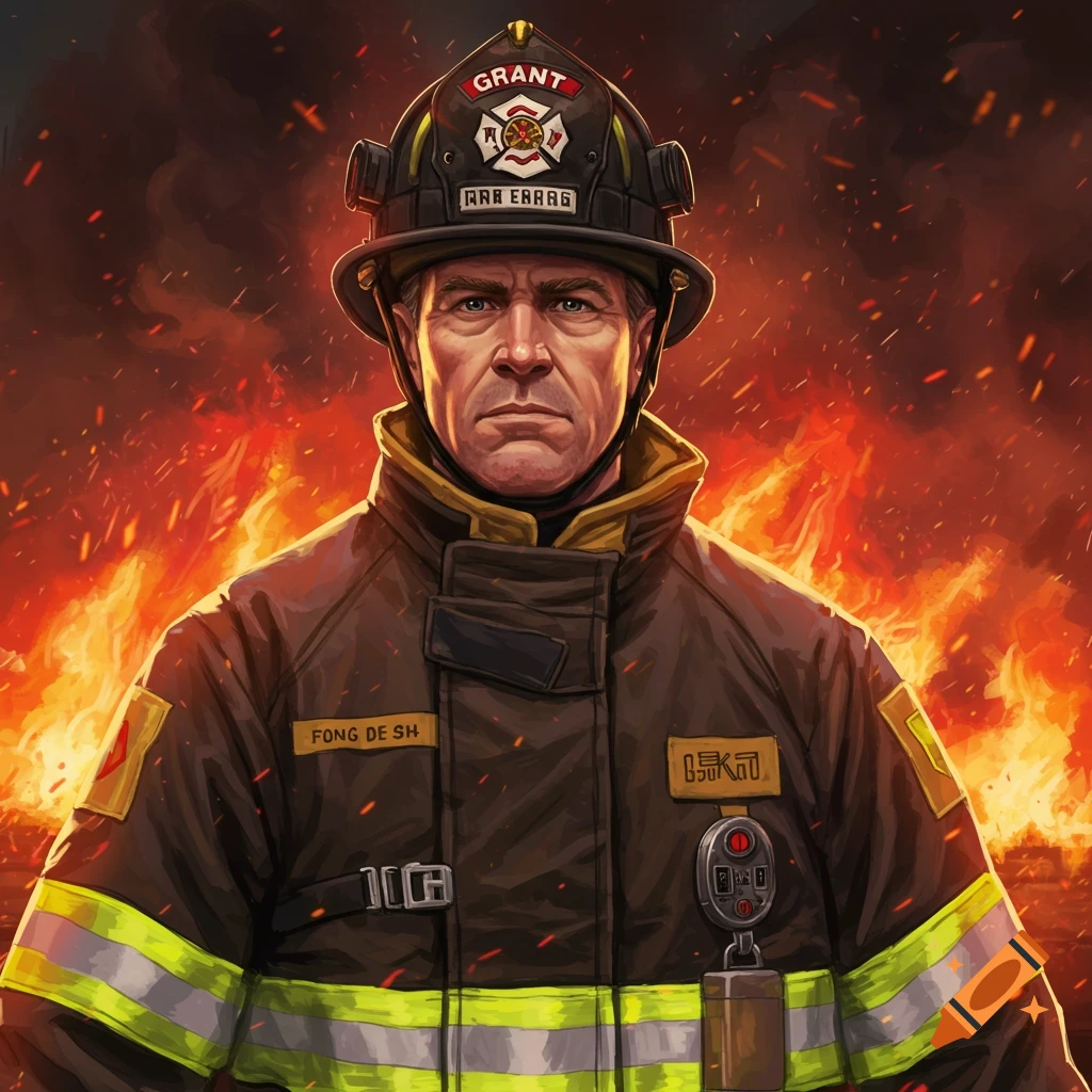 Illustration of a serious firefighter in uniform with flames in the background.