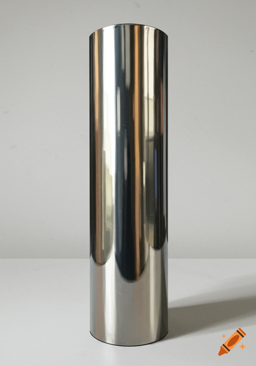 A shiny stainless steel cylindrical pillar stands vertically against a plain background.