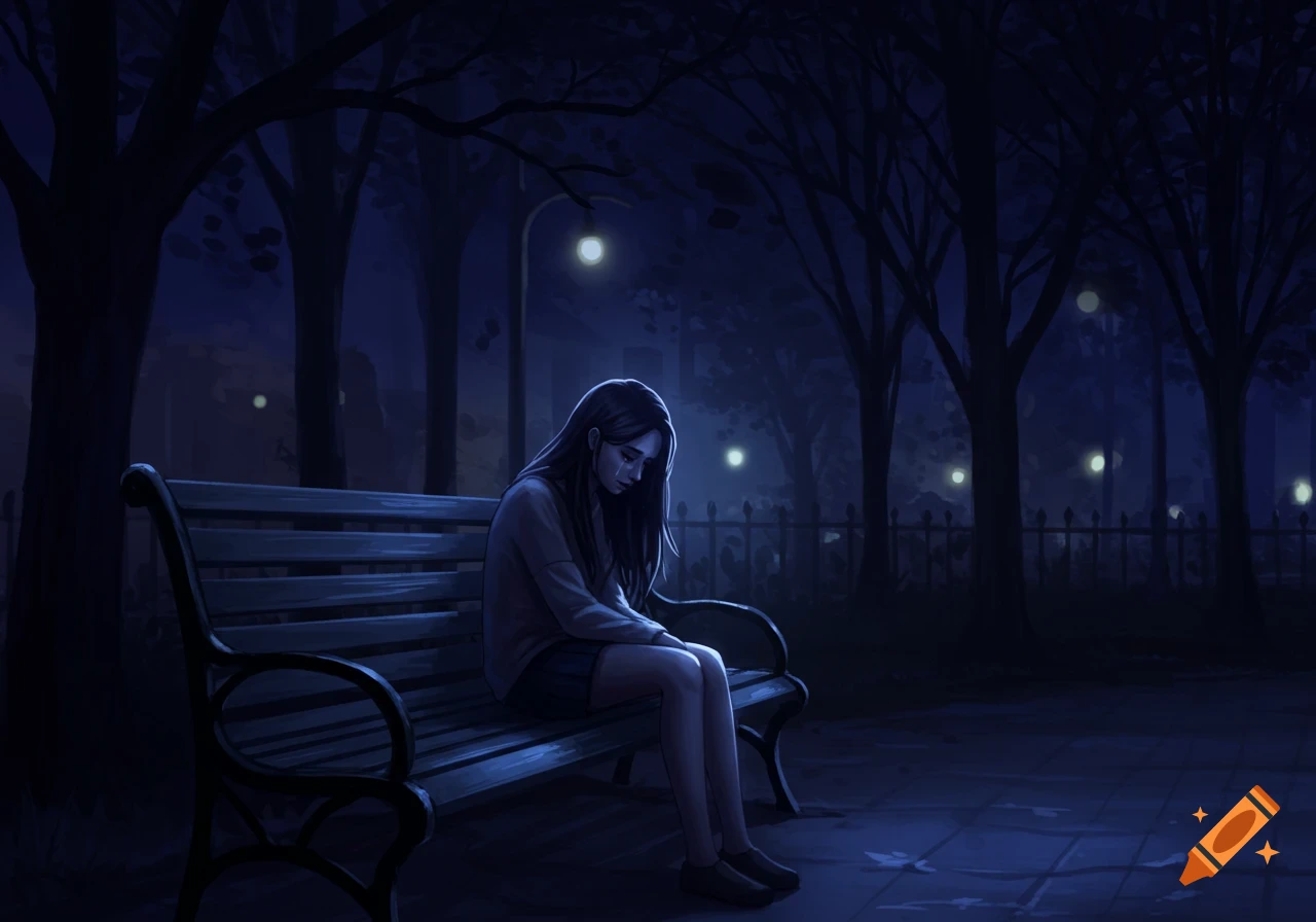 A figure sits alone on a park bench at night, looking sad, in a digital painting style.