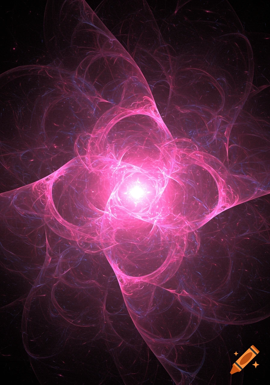 Abstract fractal pattern of glowing pink light and swirling purple lines on a black background.