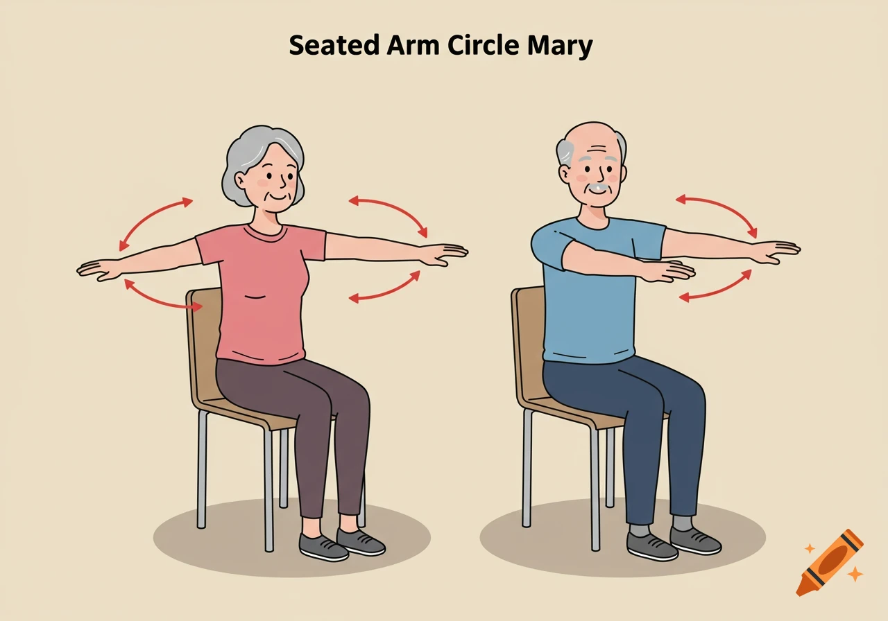 Two seated seniors performing arm circle exercises, flat illustration