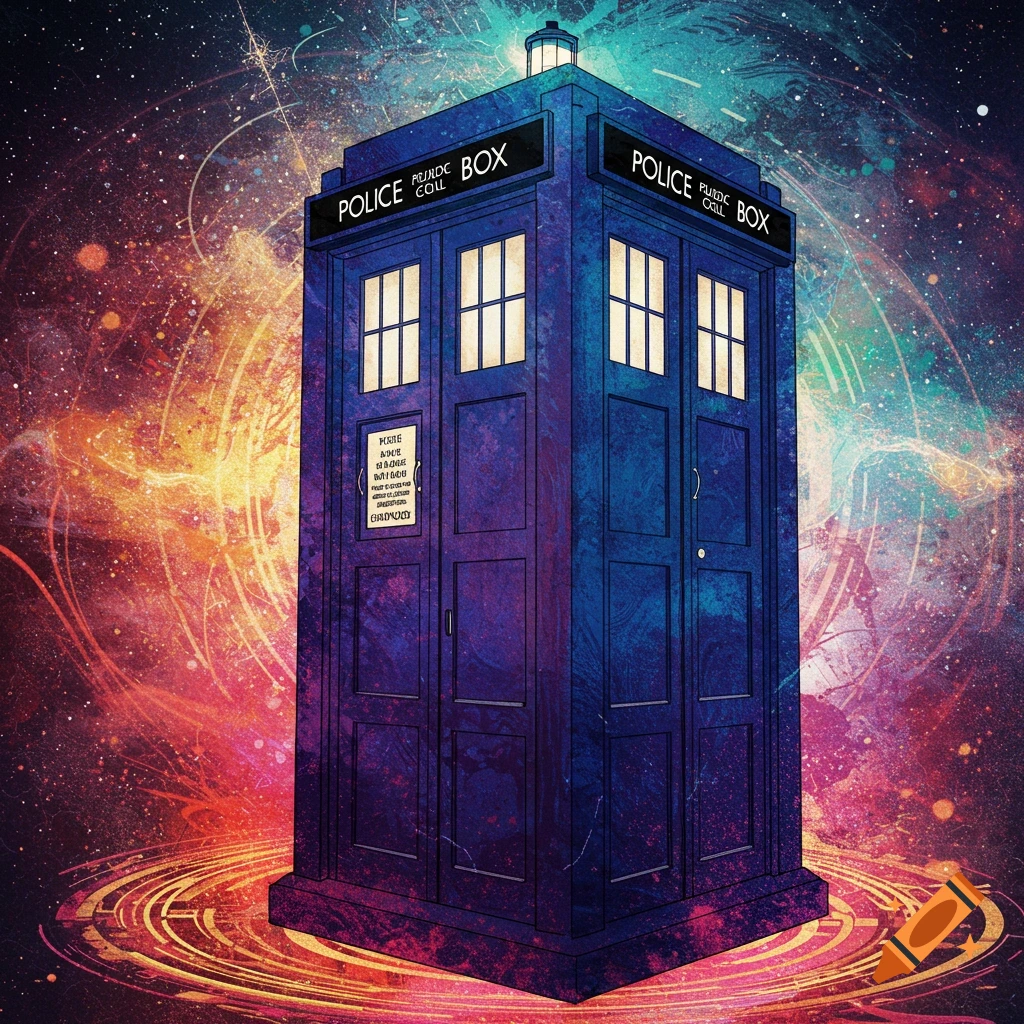 A blue police box (TARDIS) stands in front of a swirling, colorful abstract cosmic background.