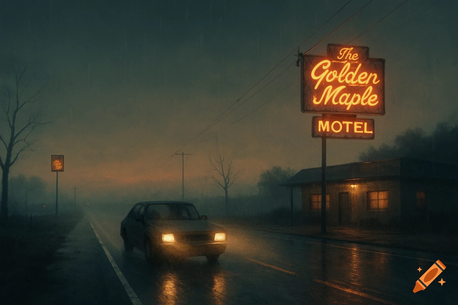 A car drives on a wet road towards The Golden Maple Motel sign in the rain at dusk.