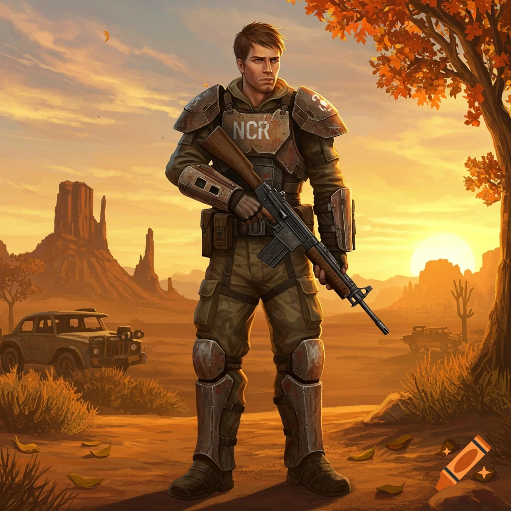 Man in NCR armor holds a rifle in a desert landscape at sunset.