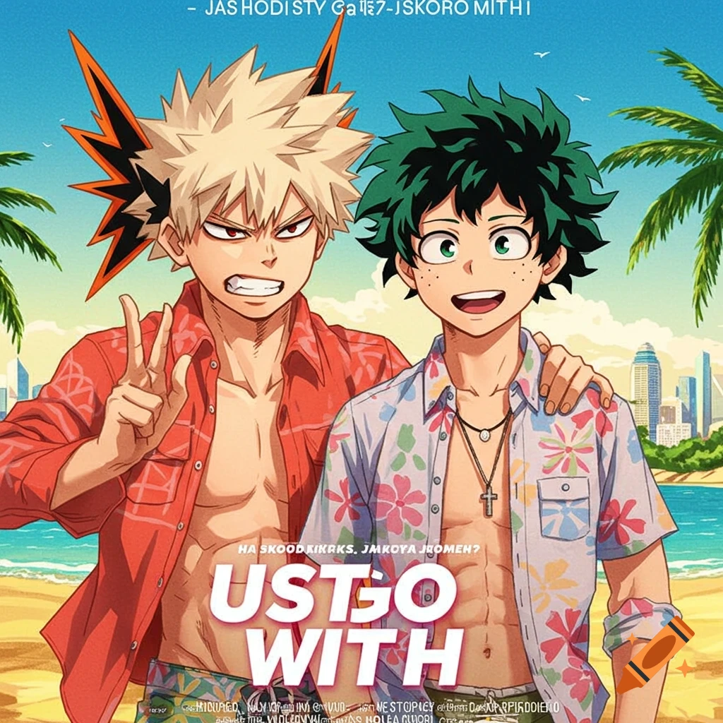Anime style image of Bakugo and Deku on a beach.