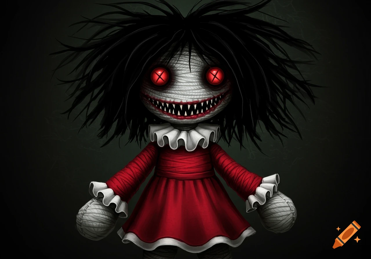 A creepy yarn doll in a red dress with red eyes and sharp teeth.