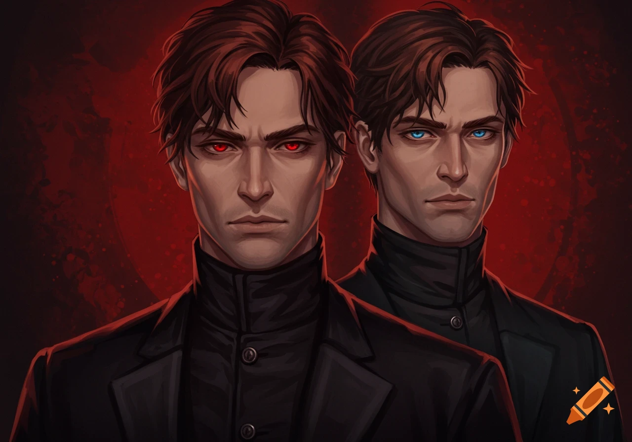 Two men with dark hair, one red-eyed and one blue-eyed, in black suits against a red background.