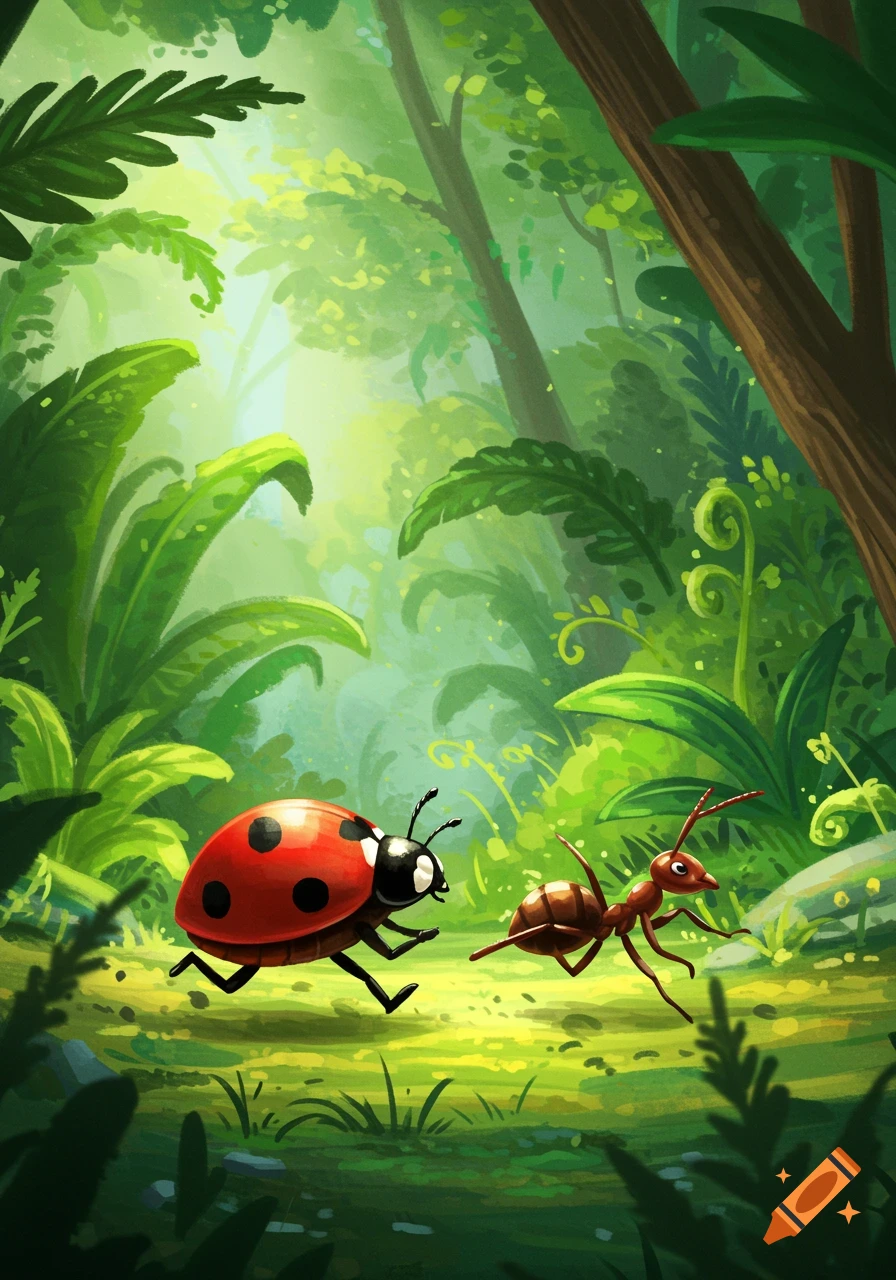 A storybook illustration of a ladybug and an ant running through a lush green forest.
