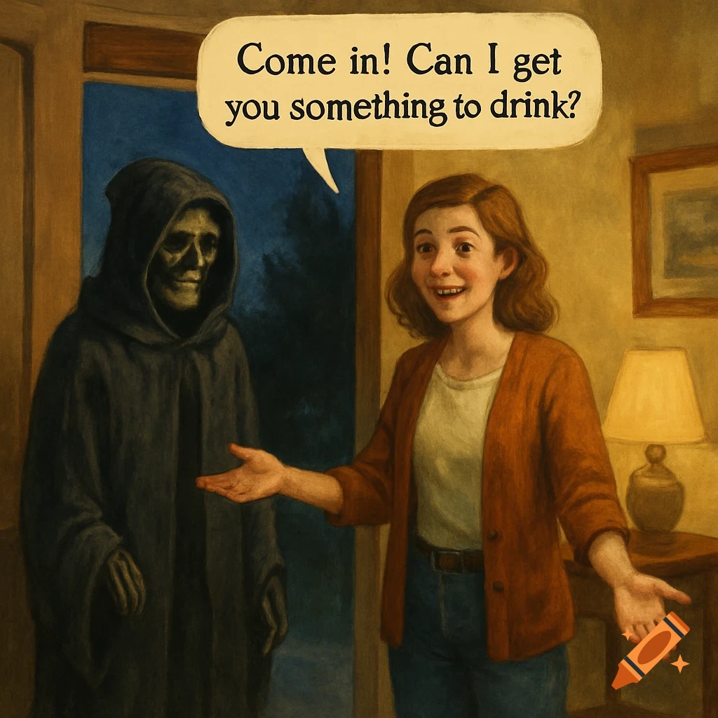 An illustration of a woman welcoming the Grim Reaper into her home. A speech bubble says 'Come in! Can I get you something to drink?'