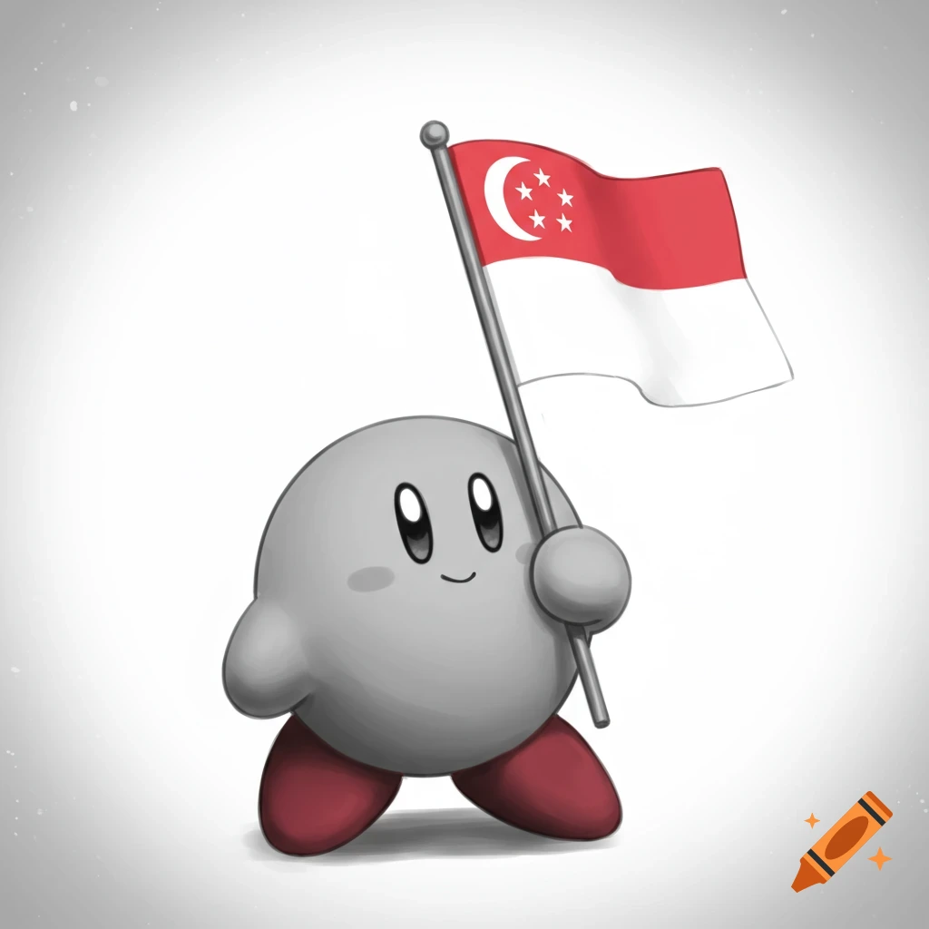 Grey cartoon character resembling Kirby holding a Singapore flag.