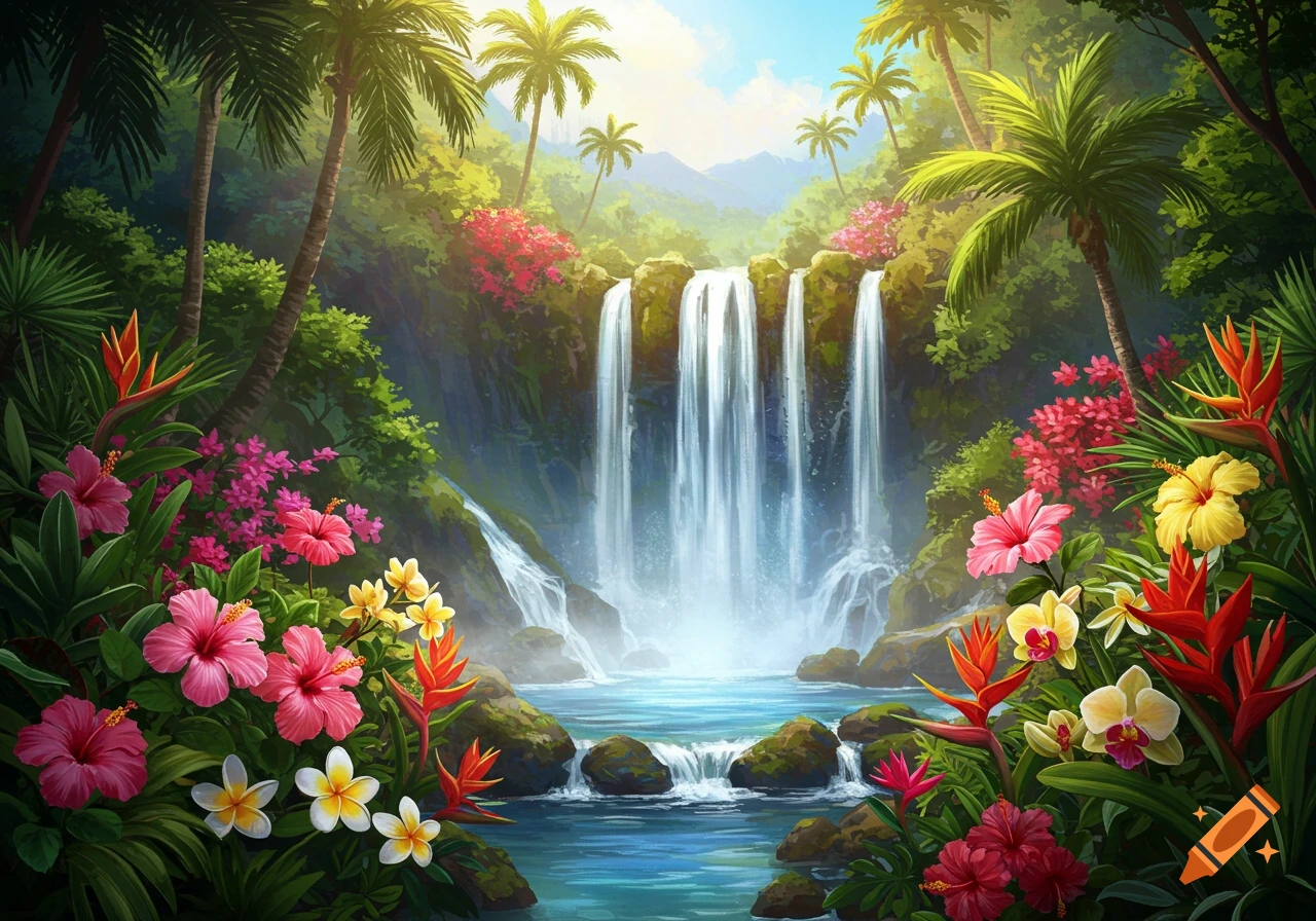 Lush tropical landscape with a waterfall cascading into a pool, surrounded by vibrant flowers and palm trees.