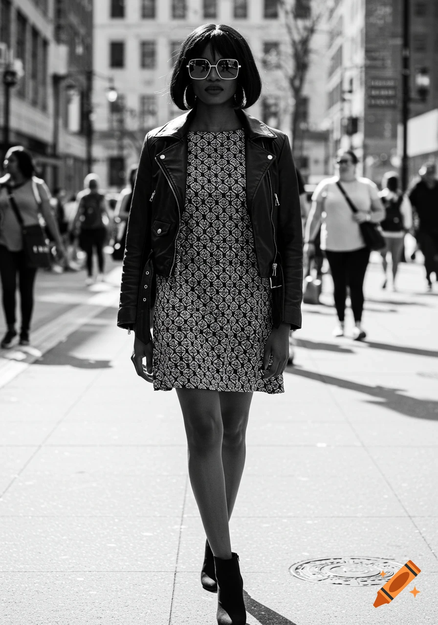 Black and white photo of a woman in a dress, leather jacket, and sunglasses walking on a city street.