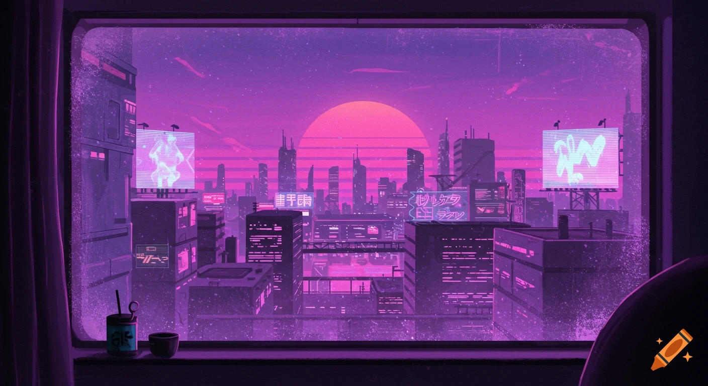 A futuristic city skyline at sunset, viewed from a window, in a purple vaporwave style.