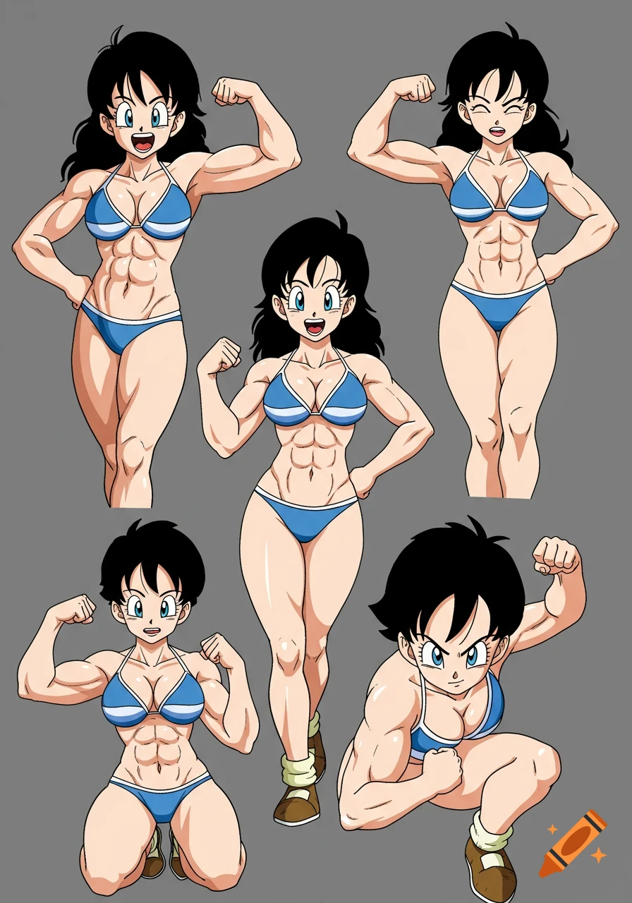 Anime model sheet showing multiple poses of Videl from Dragon Ball flexing her muscles while wearing a bikini.