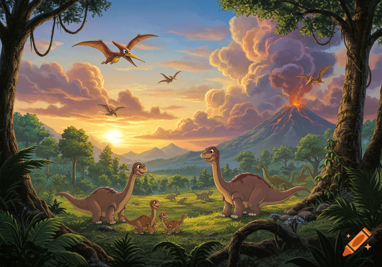 Cartoon dinosaurs and pterodactyls in a prehistoric landscape with a volcano erupting under a sunset sky.