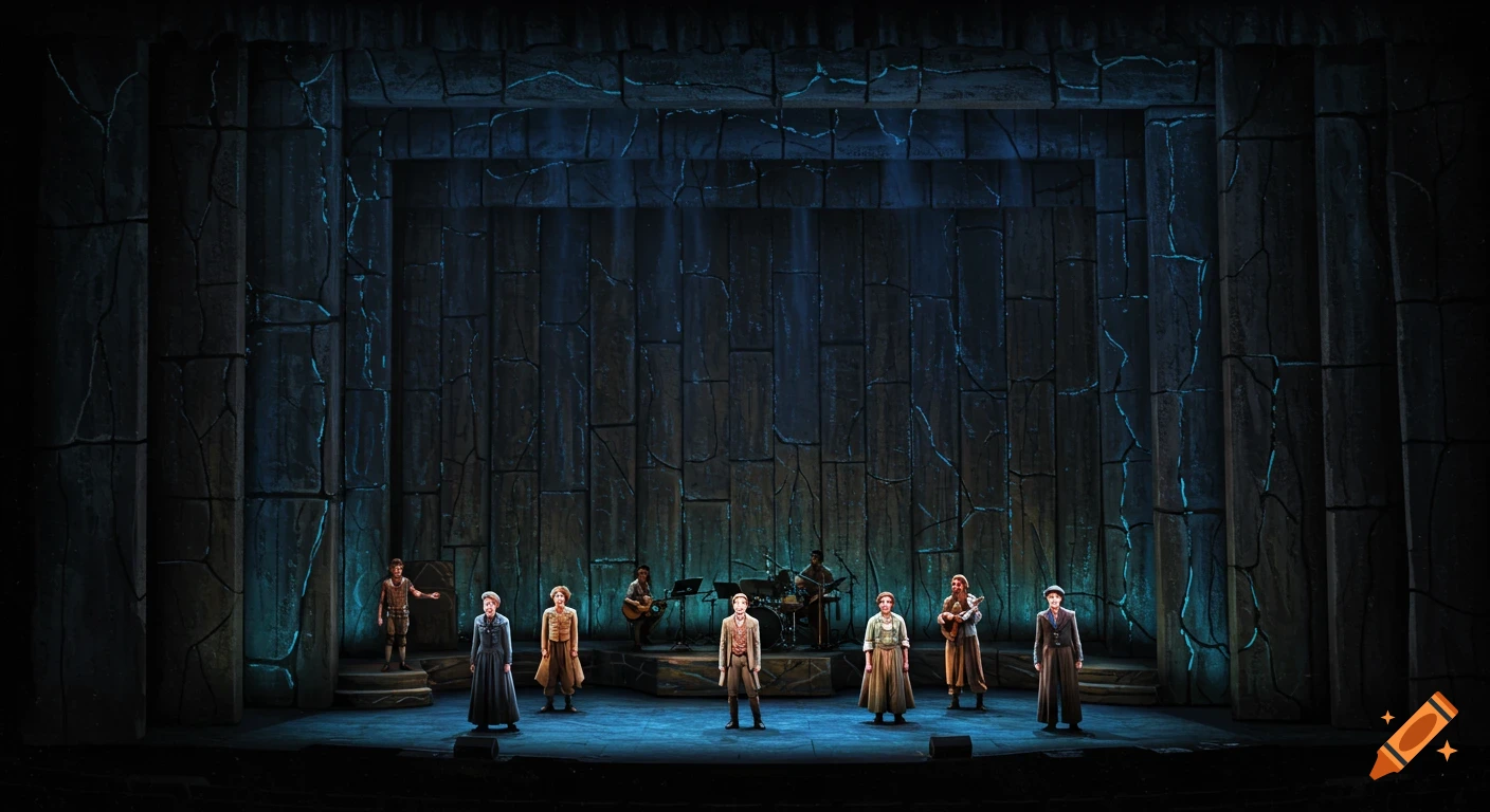 Performers and band on a theatre stage with dark paneled backdrop and blue lighting