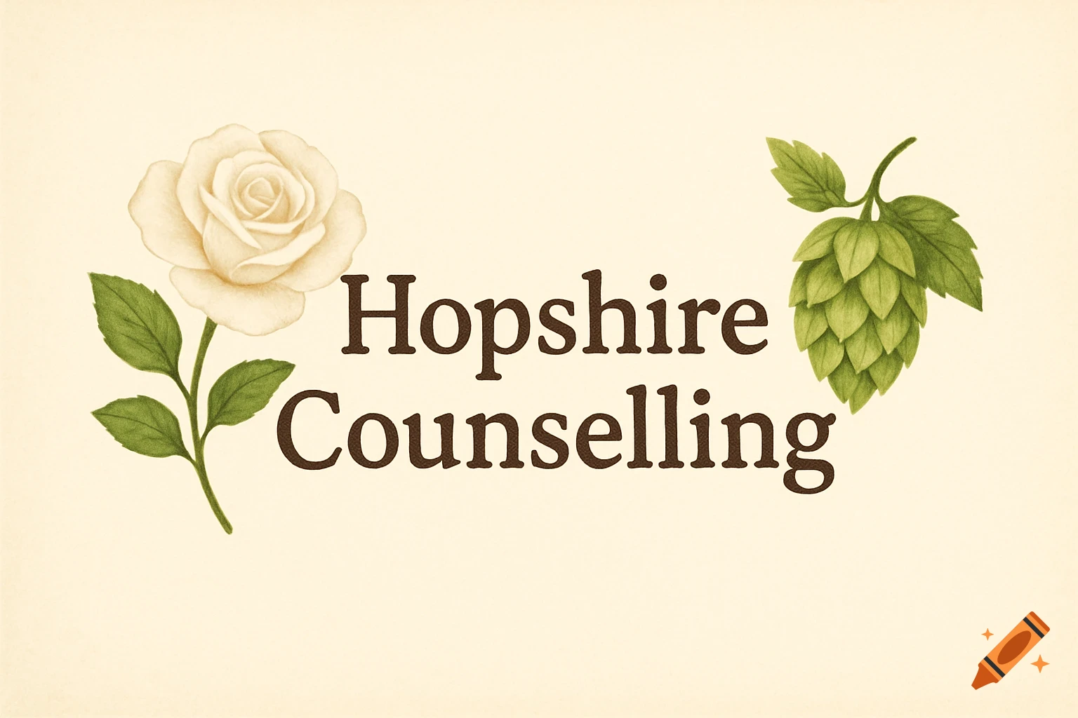 Logo with a white rose, hops, and text saying 'Hopshire Counselling' in an illustrative style.