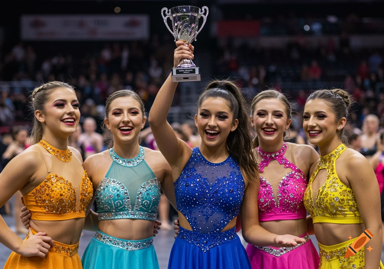 Young female dancers celebrate victory with a trophy at a competition.