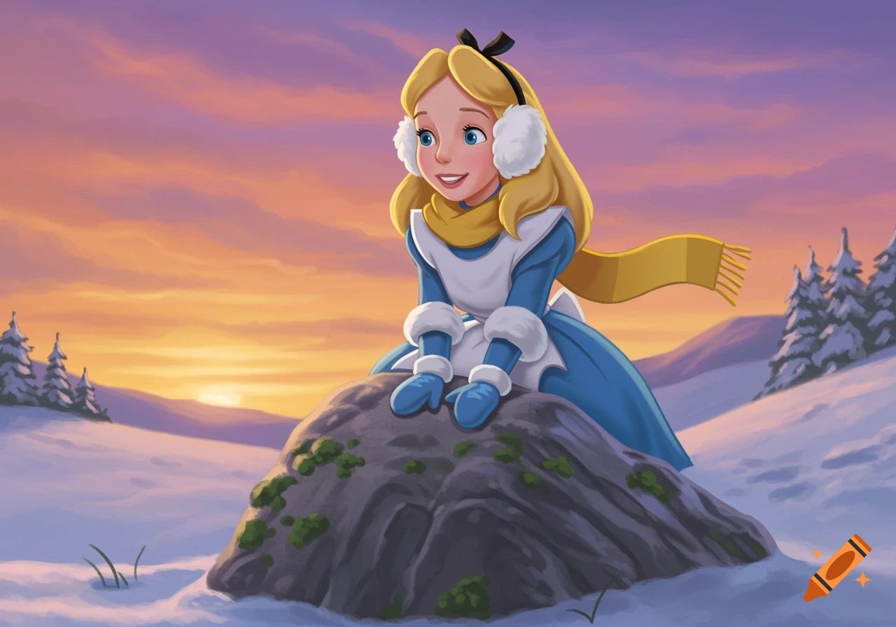 Disney's Alice in winter clothes sitting on a rock at snowy sunset, 2D digital art.