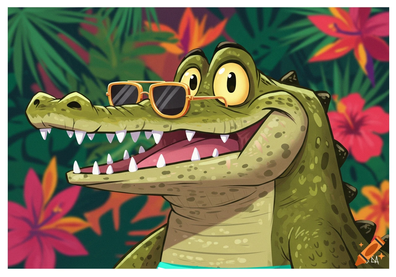 Cartoon alligator wearing sunglasses in a jungle with tropical flowers.