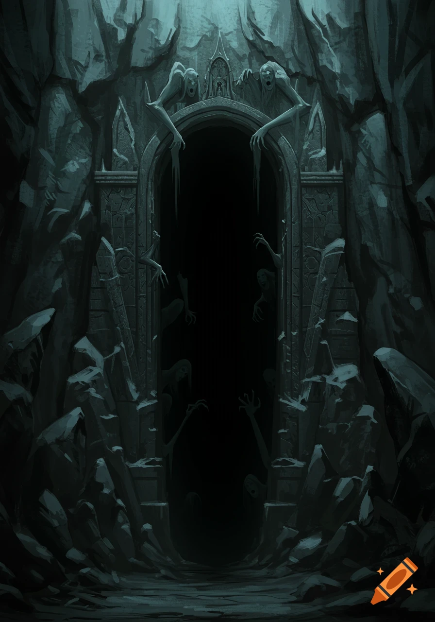 A dark, ominous stone archway entrance to a dungeon with shadowy, distorted figures and clawed hands reaching out from the blackness within.