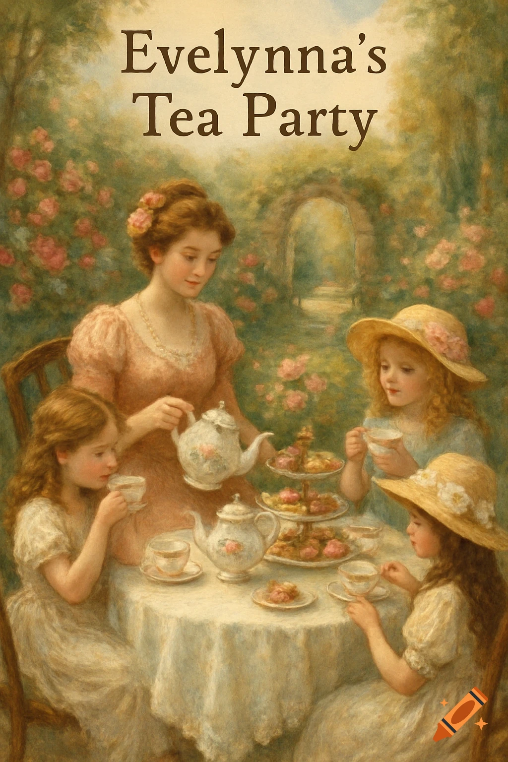 A woman and children have a tea party in a garden, painted in a classical style.