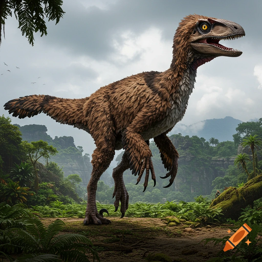 A feathered dinosaur stands in a prehistoric jungle.