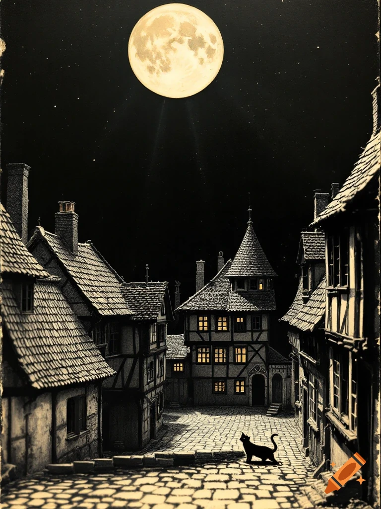 A black cat walks down a cobblestone street in a medieval town at night ...