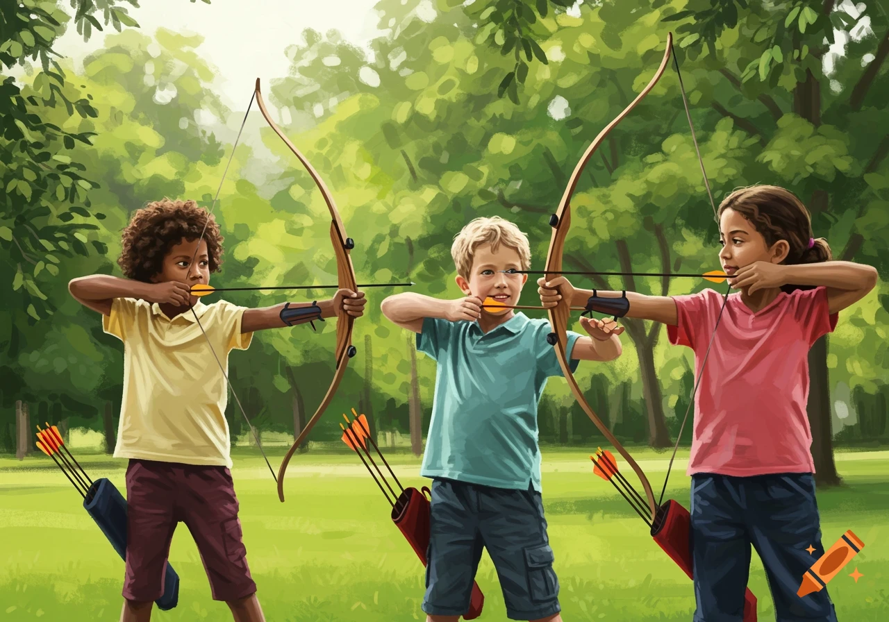 Three kids practice archery outdoors, aiming bows and arrows.