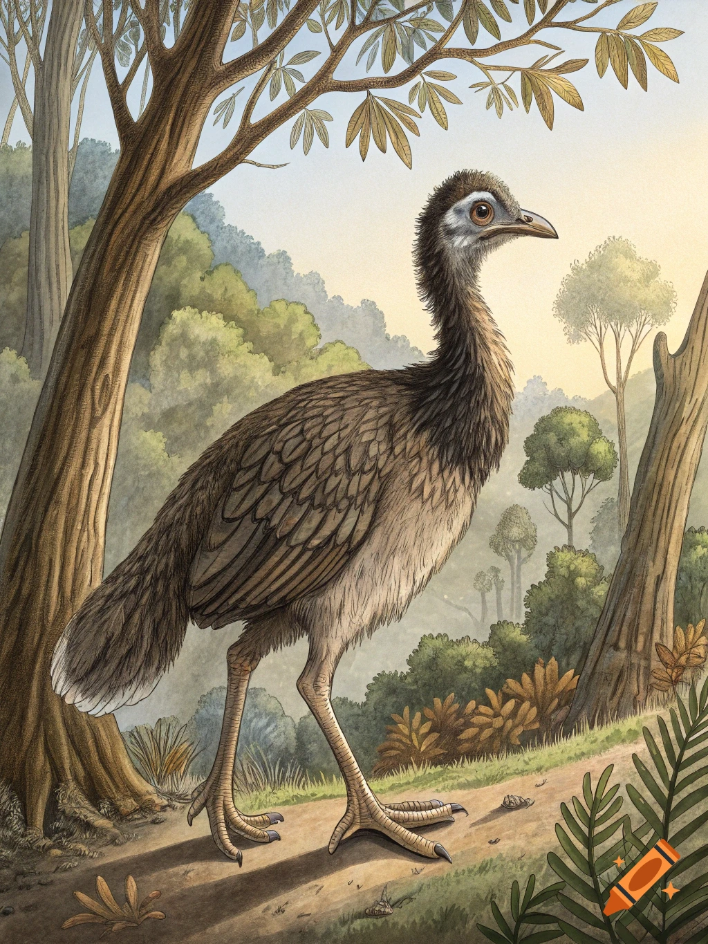 An illustration of a large, emu-like bird standing on a dirt path in a sunlit forest.