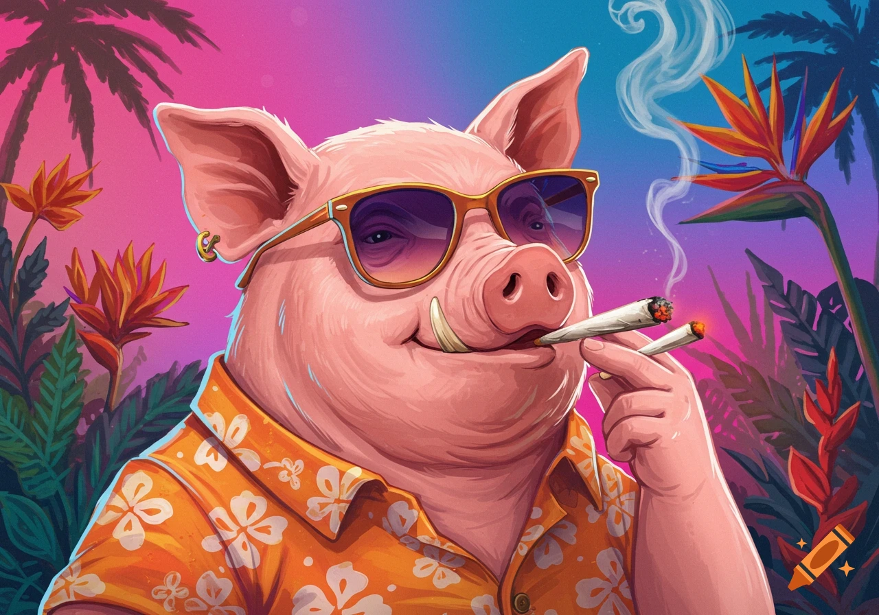 Anthropomorphic pig in sunglasses and Hawaiian shirt smoking a joint in a tropical setting.