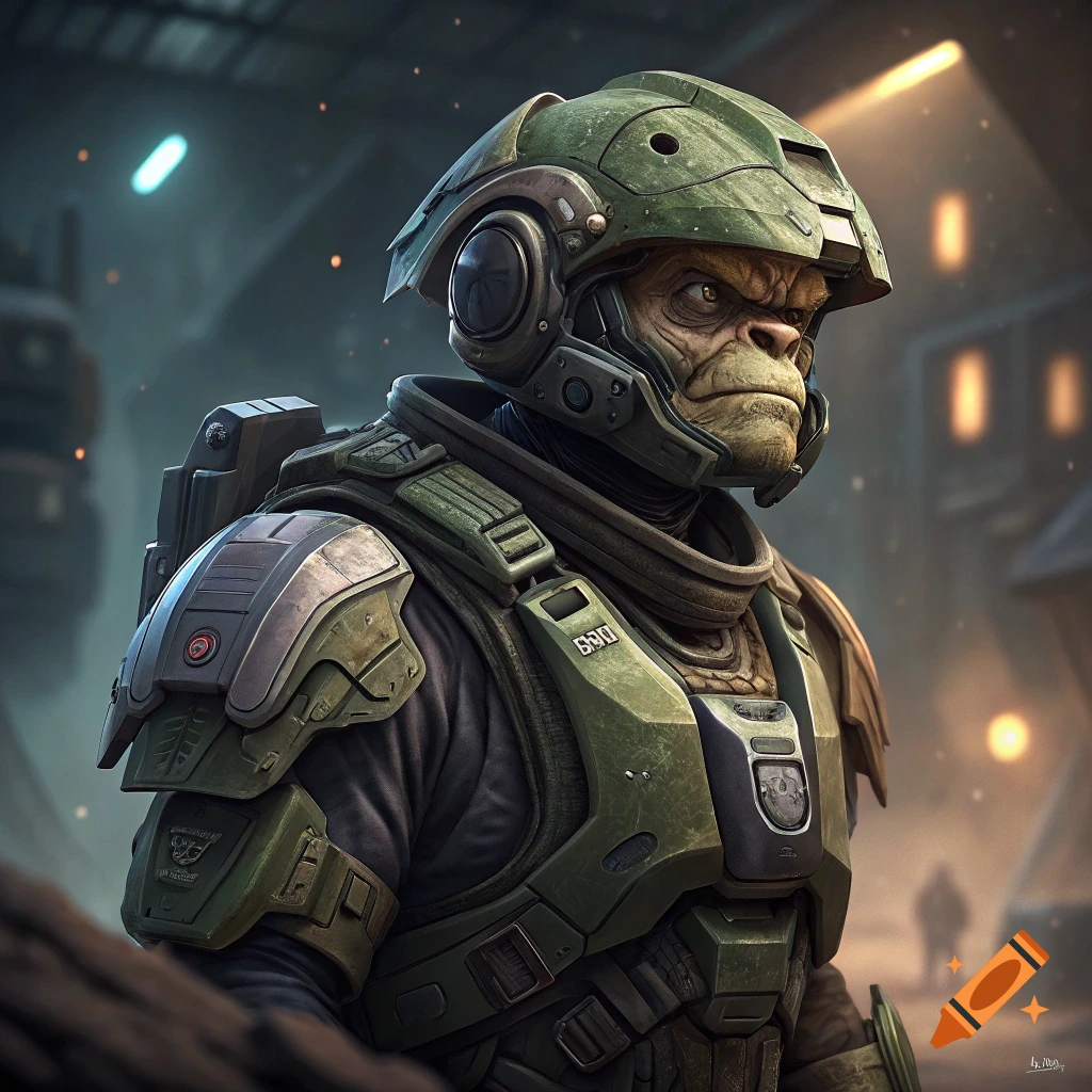 Portrait of an alien soldier in green futuristic armor and helmet looking sideways.