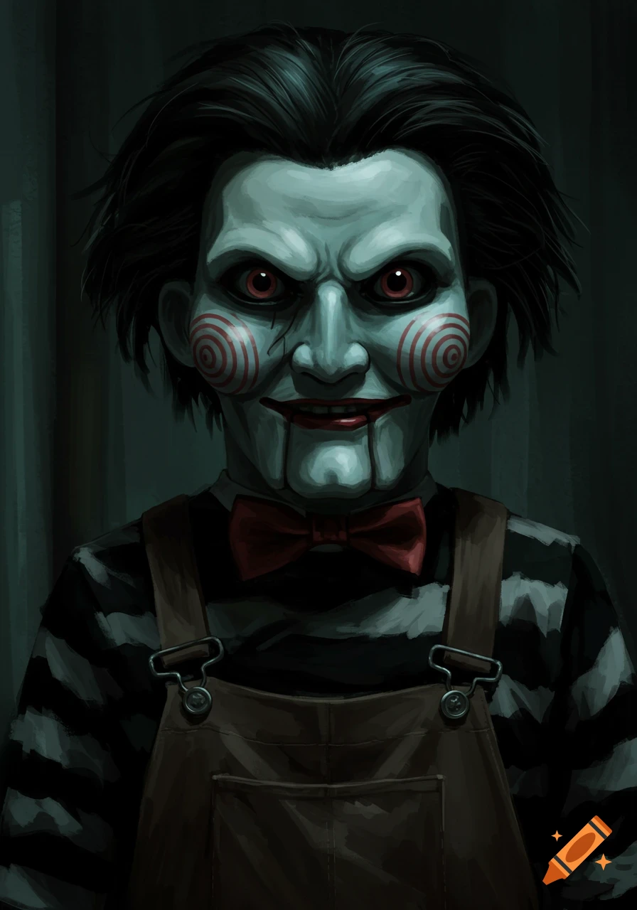 Creepy puppet with white skin, red spiral cheeks, and a bow tie looking intense