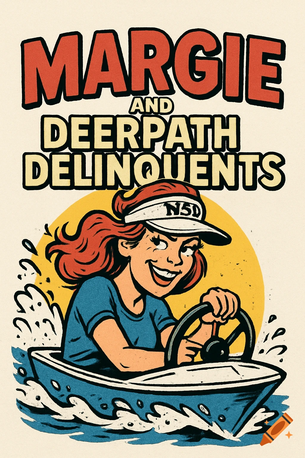 Comic illustration of a woman in a motorboat with headline text.