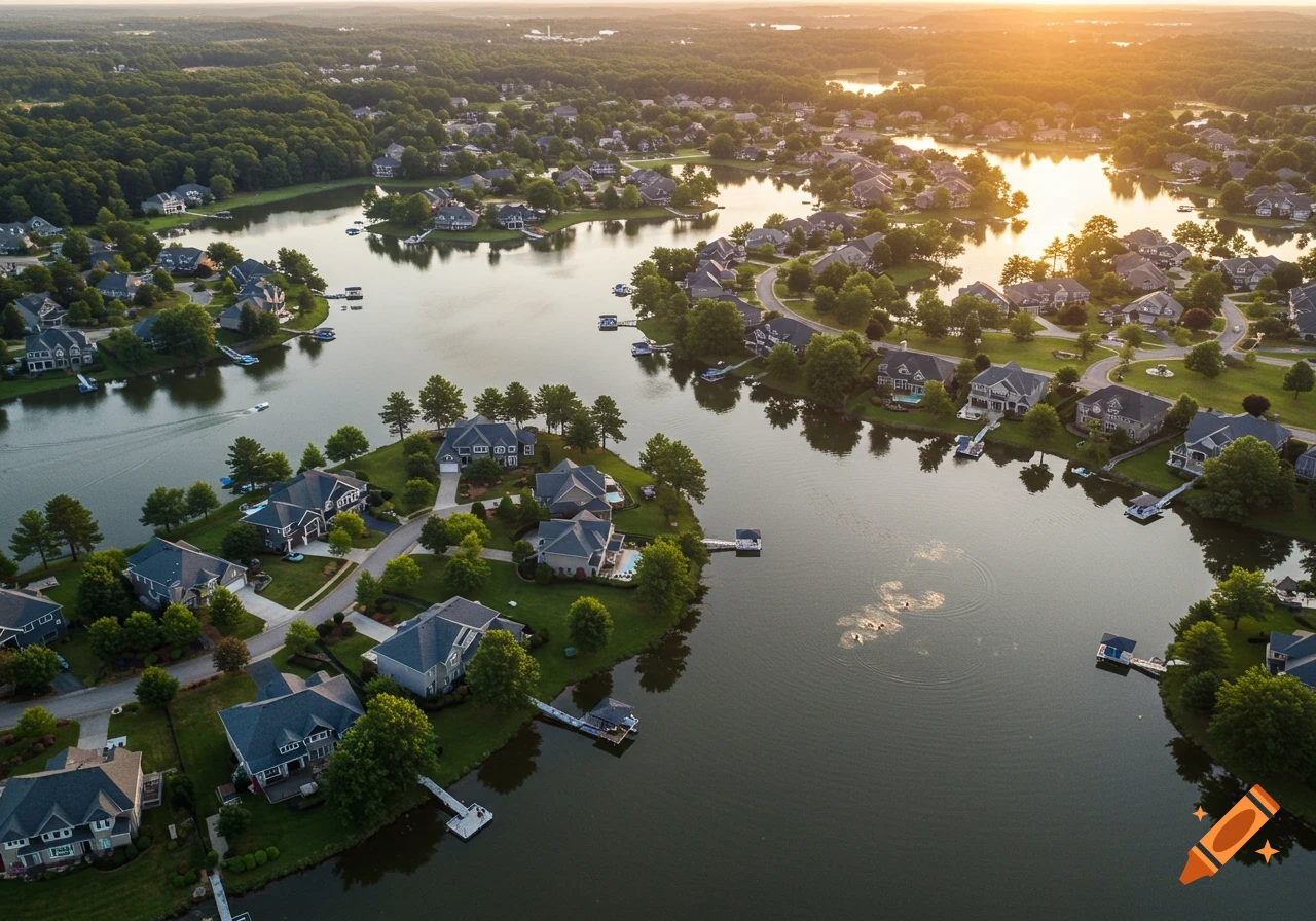 Aerial view of a lake community with houses on the shore at sunset